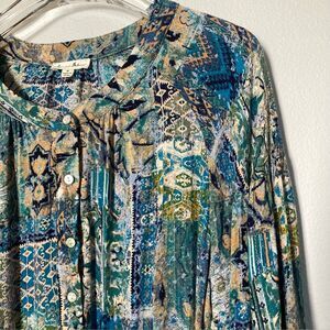 Jane and Delancey Top Medium Blue Green Ikat Blouson Sleeve Bohemian Artsy